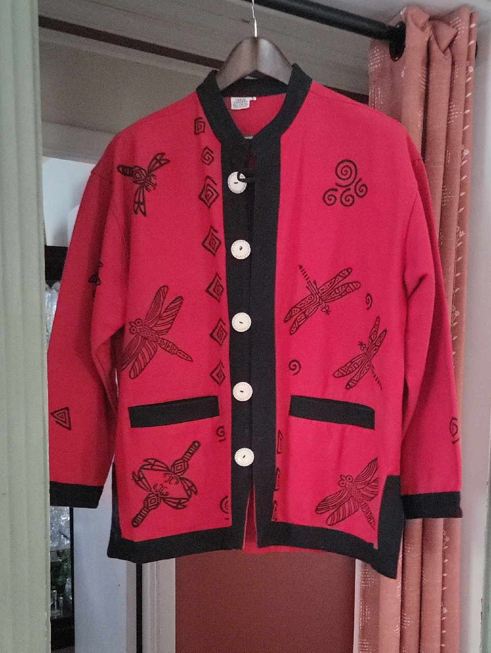 Red Embroidered Dragonfly Jean Jacket with Black Trim